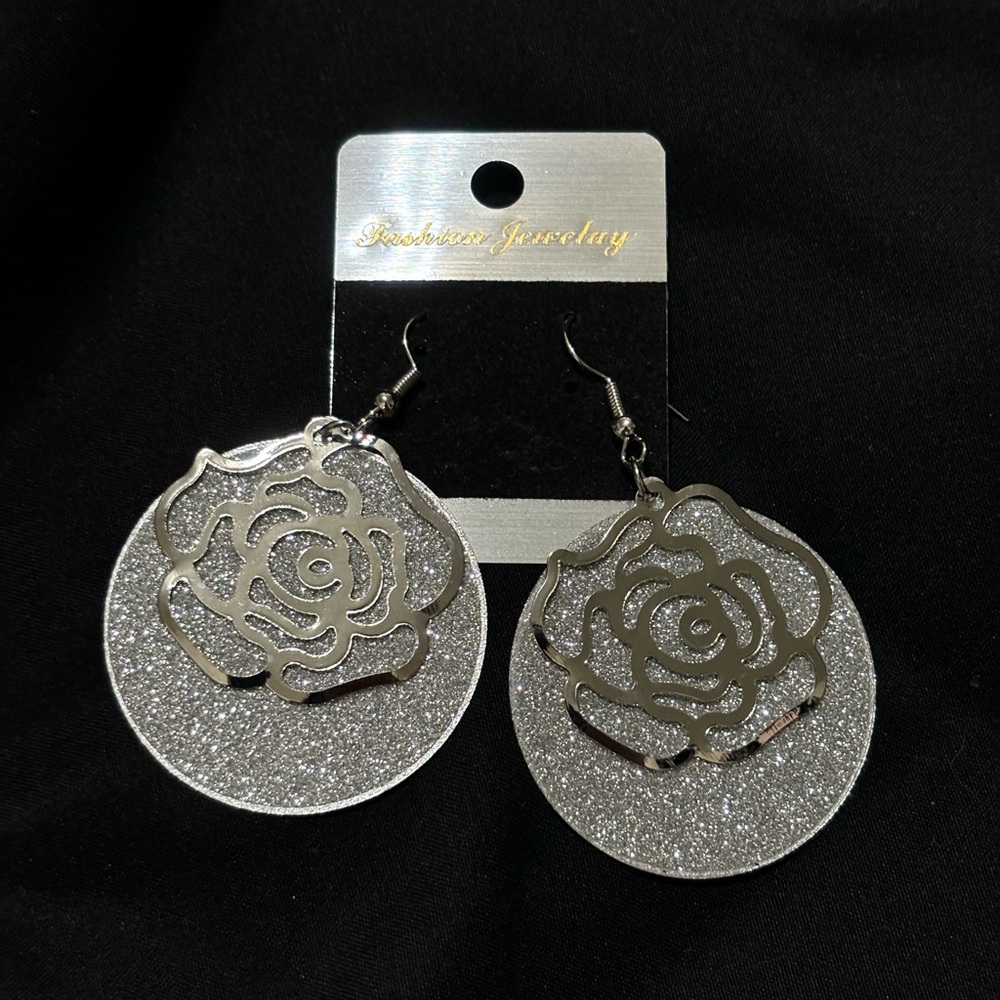 Silver Rose & Glitter Earrings